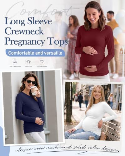 Locoowai 4 Pack Long Sleeve Maternity Underscrub Tops for Nurses - color: Black, White, Navy Blue, Wine Red, size: Medium