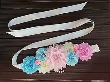 Maternity sash handmade flower sash for baby shower - color: Pink Blue