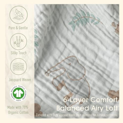 Muslin Baby Blanket, Organic Cotton Blend Jacquard (Elephant) - color: Forest Elephant Grey