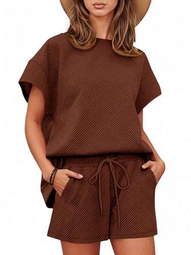 Tankaneo Womens Short Sets 2 Piece Outfits Summer Matching Lounge Set - color: Coffee, size: Medium