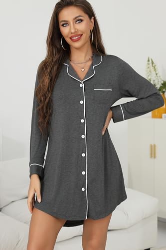 Anjue Long Sleeve Button Down Pajama Nightgowns for Women - color: 101dark Grey, size: Medium