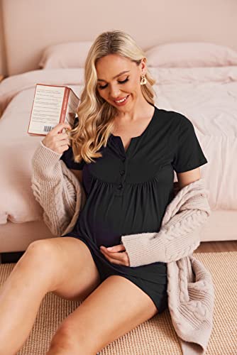 Ekouaer Women Maternity Nursing Pajama Sets Short Sleeve Postpartum Pajamas - color: Black, size: Large
