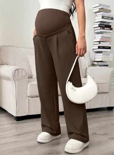 BLENCOT Maternity Pants Over Belly Stretchy Wide Leg Work Trousers - color: Brown, size: Large