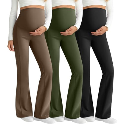 3 Pack Maternity Over The Belly Flared Leggings Pants - color: Coffee, Army Green, Black, size: Small