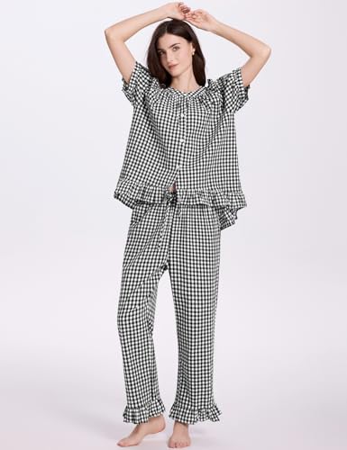 COZYPOIN 100% Cotton Pajamas for Women Set Cute Gingham Lounge Set - color: Black, size: X-Small