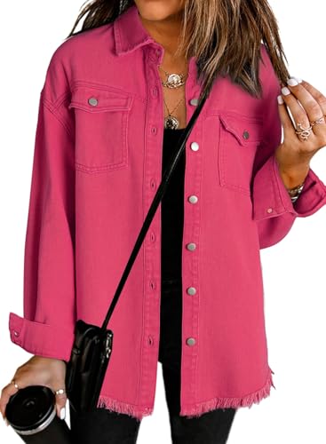 Dokotoo Womens Button Down Oversized Distressed Boyfriend Jean Jacket - color: A Hot Pink, size: Large