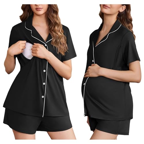 Ekouaer Maternity Sets Postpartum Nursing Pajamas for Women Summer Outfits - color: Black, size: Medium