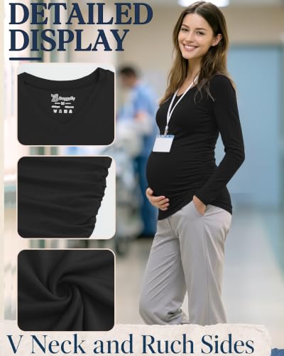 3 Pack Women Maternity Shirts Scrub Tops Side Ruched - color: Black, Black, Black, size: Small