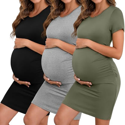 Riyiper 3 Pack Womens Maternity Short Sleeve Dresses - color: Black, Army Green, Light Heather Gray, size: Medium