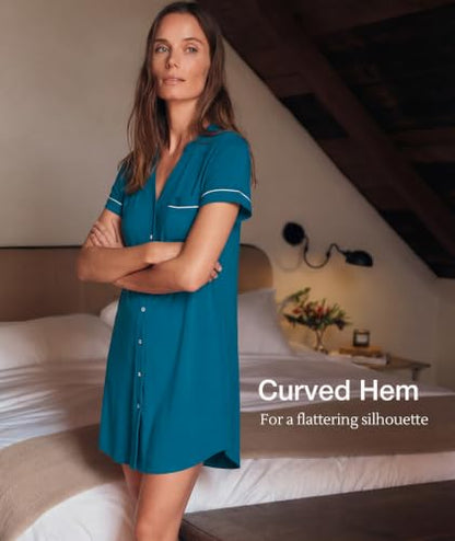 GYS Bamboo Viscose Nightgowns for Women Soft Button Down Sleep Shirt - color: Teal Blue, size: Large