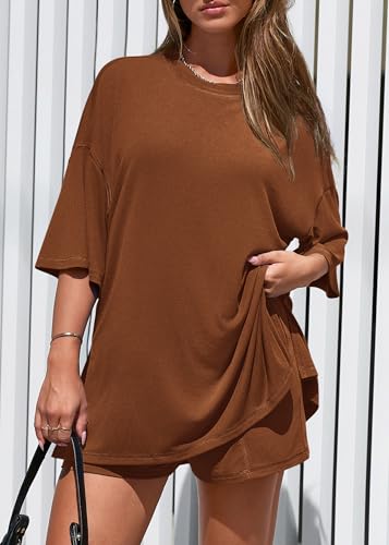 KIRUNDO 2 Piece Sets for Women Summer Lounge Sets Casual - color: Brown, size: X-Large