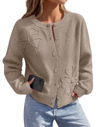 MEROKEETY Women's Fall Floral Button Up Lightweight Cardigan Sweater Trendy - color: Camel, size: Large