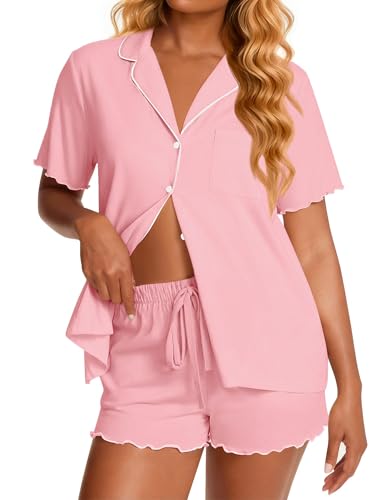 Ekouaer Womens Pajama Sets Bamboo Viscose Button Up Pjs 2 Piece Lounge Set - color: Light Pink, size: X-Large