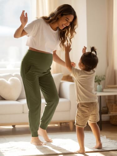 Summer Mae Viscose Maternity Jogger Pants Pregnancy Lounge Pant with Pocket - color: Dark Green, size: Large