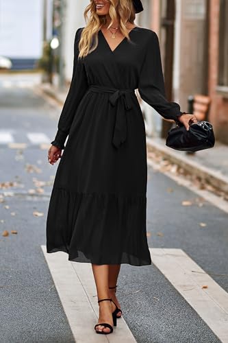 PRETTYGARDEN Womens Long Sleeve Boho Maxi Fall Floral Wedding Guest Dresses - color: Solid Black, size: XX-Large