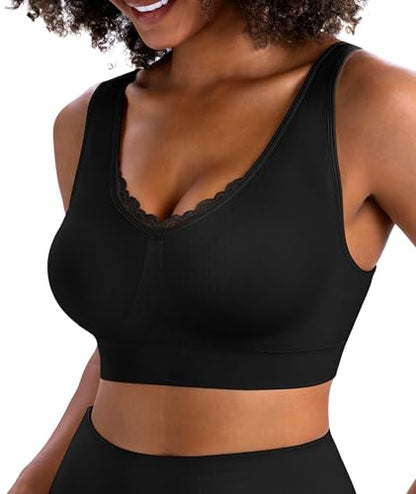 Bras for Women No Underwire Lace V-Neck Wireless Bra Wireless Sleep Bras - color: 01-black, size: Large