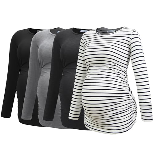 Smallshow Women's 4 Pack Maternity Shirts Long Sleeve - color: Black-deep Grey-light Grey-white Stripe(4 Pack), size: XX-Large