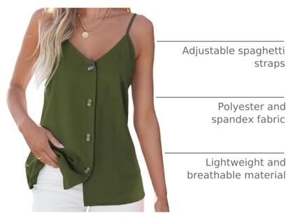 BLENCOT Womens Summer Spaghetti Strap Tank Tops Button Casual Camisoles - color: Green, size: Medium