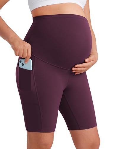 CRZ YOGA Maternity Biker Shorts Pockets 8" - color: Deep Purple, size: Medium