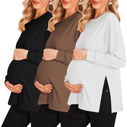 Ekouaer 3 Packs Maternity Shirts Split Side Pregnancy Workout Tops - color: 3pcs- Black + Brown + White, size: Medium