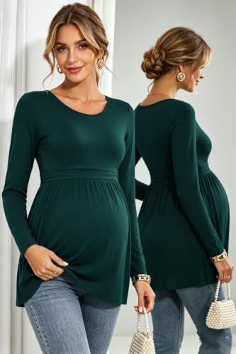 Women's Maternity Tops Short & Long Sleeve Pleated Waist Shirts Pregnancy Clothes - color: Deep Green, size: Medium