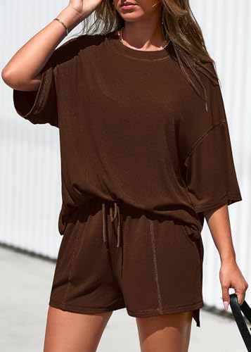 KIRUNDO 2 Piece Sets for Women Summer Lounge Sets Casual - color: Light Coffee, size: Small
