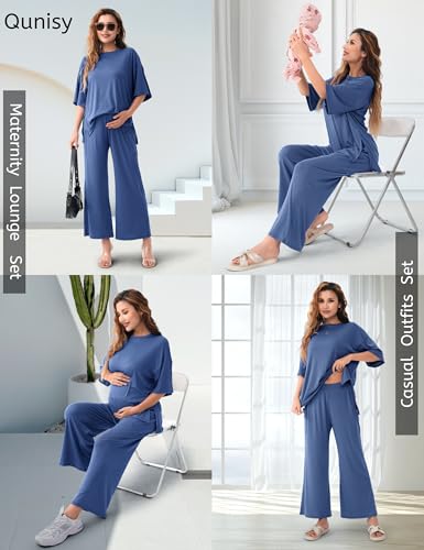 Maternity Lounge Set, 2 Piece Matching Set with Wide Leg Pants - color: Deep Blue, size: X-Large