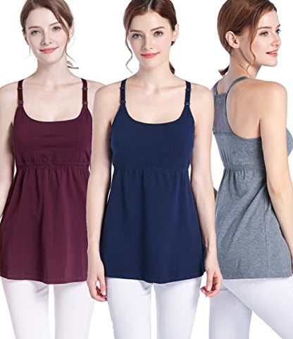 SUIEK 3-Pack Cotton Maternity Nursing Tank Tops Breastfeeding Cami Shirts - color: D-burgundy+charcoal+navy - First Style, size: Medium