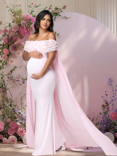 Maternity Mesh Off Shoulder Chiffon Cloak Maxi Photoshoot Dress - color: Pink-a, size: Medium