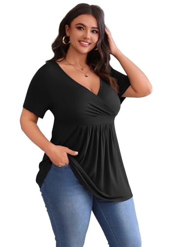 POSESHE Womens Plus Size Tops 2026 Summer Short Sleeves Tunic Tops - color: Black, size: X-Large Plus