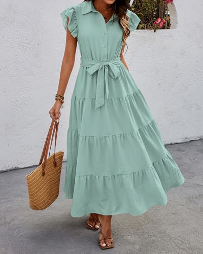 dowerme Women Ruffle Sleeve Button Belted Boho Maxi Dress - color: Mint Green, size: X-Large