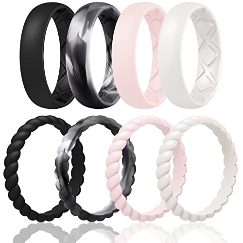 Egnaro Women's Stackable Silicone Rings, 2.5/5.5mm Wide 1.8/2mm Thick Bands - color: SETA5-Black,Black Glamour, Pink Sand, Ivory