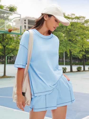 EXLURA Womens Short Sets 2 Piece Outfits Summer 100% Cotton Matching Set - color: Light Blue, size: Medium