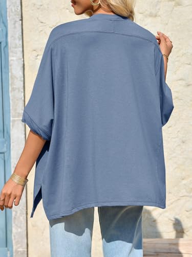 Tankaneo Womens Oversized Tshirts Batwing Short Sleeve Asymmetric Hem Tops - color: Blue Grey, size: Small