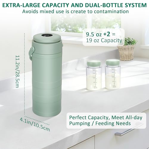 Portable Breast Milk Cooler for Outdoors & Work, 360° Total Cooling Keeps Milk Fresh for 24 Hours, 19oz Large Capacity Travel Breastmilk Chiller with Temp Display & 2pcs Bottle for Breastmilk Storage