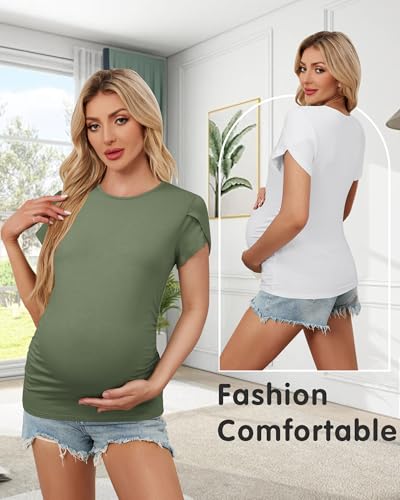 OUGES 3 Pack Women's Maternity Shirts/Tops Crew Neck Short Petal Sleeve Casual Fashion Tee Side Ruched Pregnancy Clothes - color: Grey-green, White, Camel, size: Medium