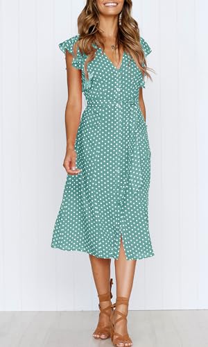 MITILLY Women's Boho Polka Dot Flutter Short Sleeve V Neck Button Down Swing Midi Dress with Pockets - color: 10 Sage, size: Small