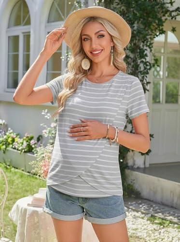 Ekouaer 3 Pack Nursing Shirts Short Sleeve Breastfeeding Tops Maternity Tee - color: Black/Light Blue/Gray White Stripes, size: XX-Large