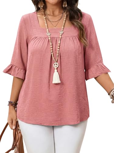 Bulotus Womens Plus Size Tops Square Neck Blouse Boho Top Chiffon 3/4 Sleeve Ruffle Shirt Cute Tunic 2026 Spring Summer - color: Light Pink, size: 3X-Large Plus