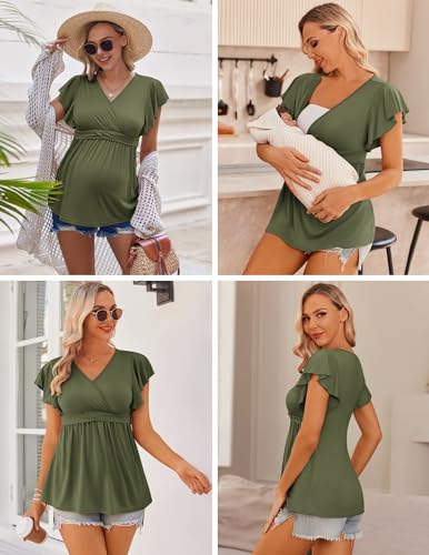Ekouaer Maternity Shirts 3 Packs Nursing Tops Pregnancy Clothes - color: Army Green + Grey + Black(3pcs), size: Medium