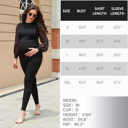 Bhome Mock Neck Maternity Shirt Ribbed Knit Maternity Blouse Mesh Long Sleeve Fitted Pregnant Top - color: Black, size: Medium