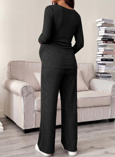 BLENCOT Maternity Clothes Ribbed Long Sleeve Sets Button 2 Piece Outfits - color: Black, size: Medium