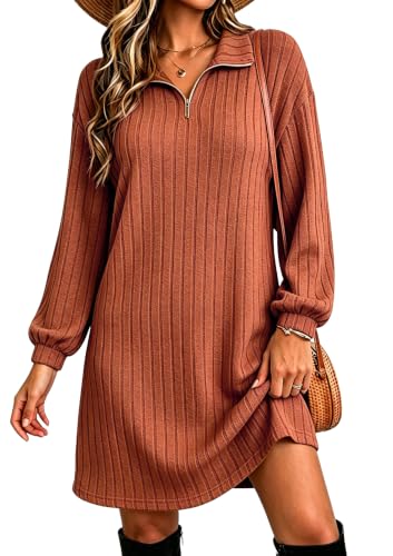 Halife Women's Fall Dresses Long Sleeve Tunic Sweater Dress with Zippers - color: Caramel, size: Small