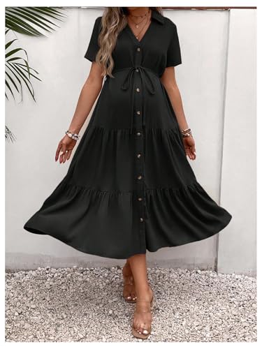 OYOANGLE Women's Maternity Button Belted Dress - color: Black, size: Medium