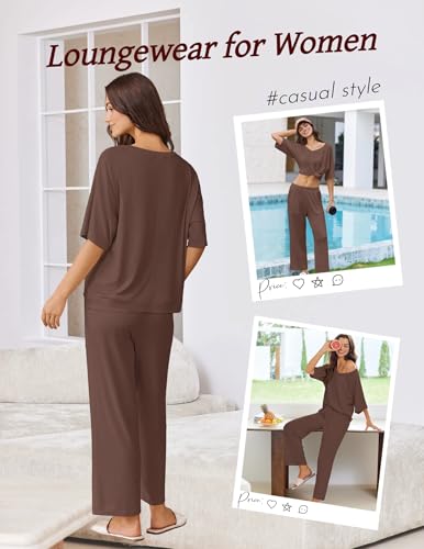 Ekouaer Lounge Sets for Women Comfy Pajamas Set 2 Piece Outfits - color: Brown, size: Small