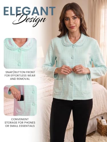Casual Nights Women's Soft Bed Jacket, Button Front Long Sleeve Sleep Top with Pockets - color: Mint Green, size: Small