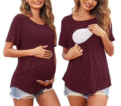 Women's Maternity Nursing Tops Soft Breastfeeding Shirts Pregnancy Tees - color: Deep Red, size: Medium