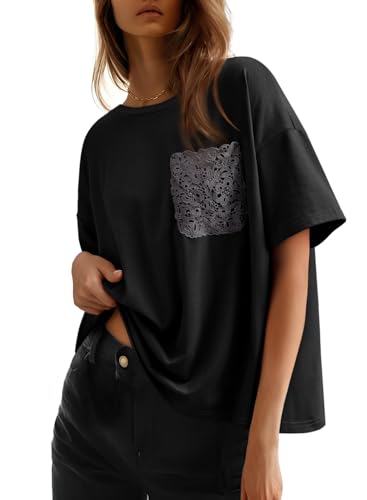 Dokotoo Womens Tops Summer 2026 Oversized T Shirts Lace Pockets - color: Black, size: Medium