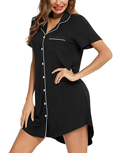 Senert Nightgowns for Women Button Down Sleeve Sleep Shirt Night Gowns - color: Black, size: Large