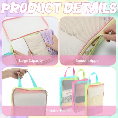 3 Pcs Mesh Packing Cubes for Suitcases, Foldable Pastel Travel